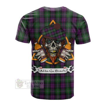 Tartan Vibes Clothing Wilson Tartan Cotton T-shirt with Family Crest and Bearded Skull Holding Bottles of Whiskey