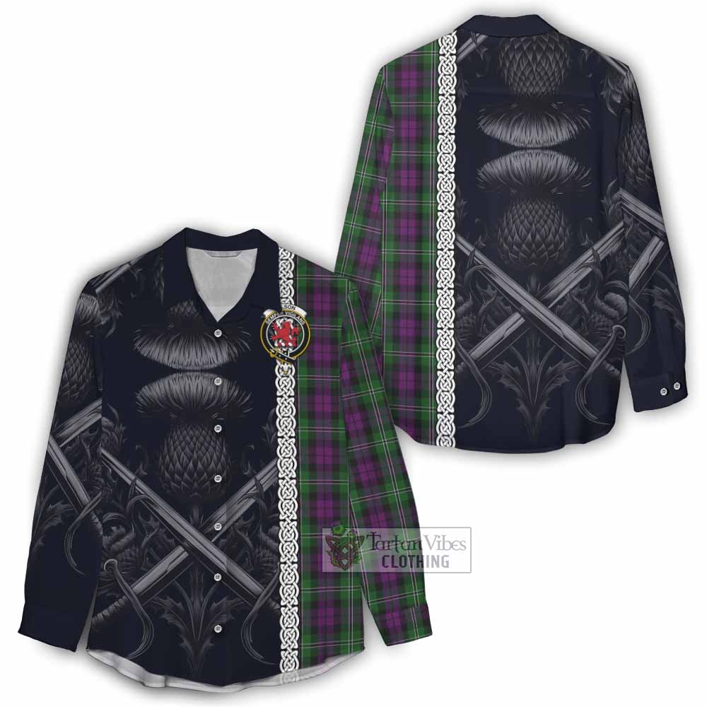 Tartan Vibes Clothing Wilson Tartan Women's Casual Shirt with Family Crest Cross Sword Thistle Celtic Vibes
