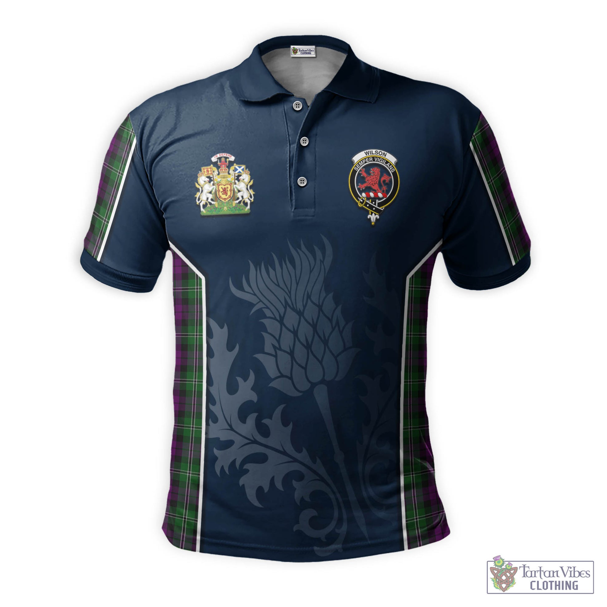 Tartan Vibes Clothing Wilson Tartan Men's Polo Shirt with Family Crest and Scottish Thistle Vibes Sport Style