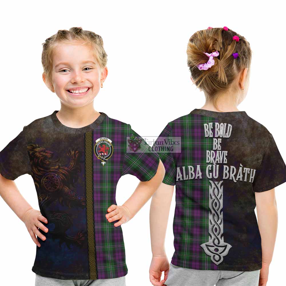 Tartan Vibes Clothing Wilson Tartan Family Crest Kid T-Shirt Alba Gu Brath Be Brave Lion Ancient Style