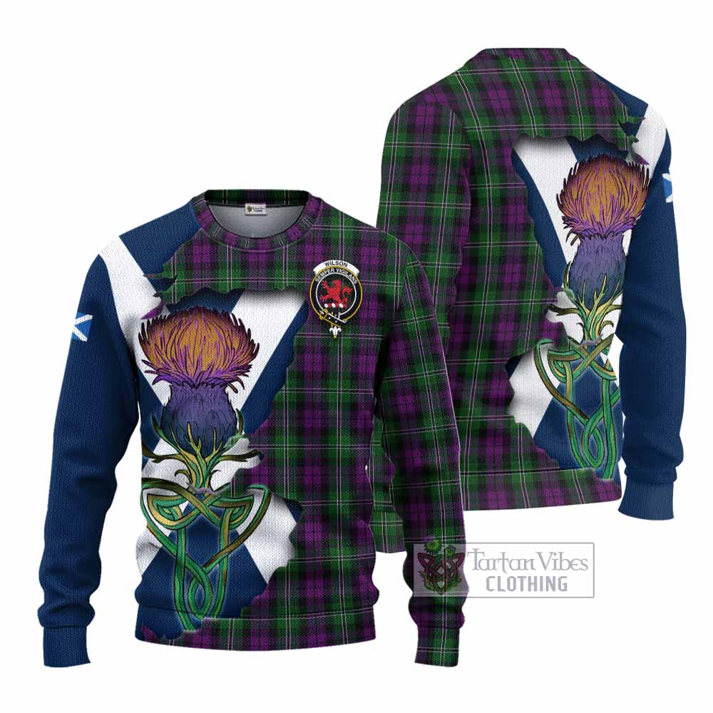 Tartan Vibes Clothing Wilson Tartan Family Crest Knitted Sweater Scottish Thistle Celtic Inspired