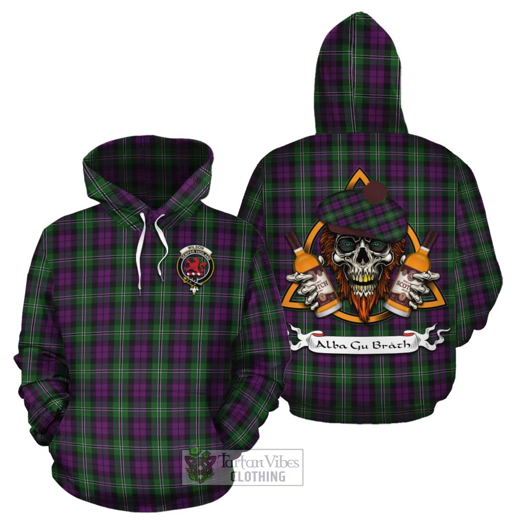 Tartan Vibes Clothing Wilson Tartan Cotton Hoodie with Family Crest and Bearded Skull Holding Bottles of Whiskey