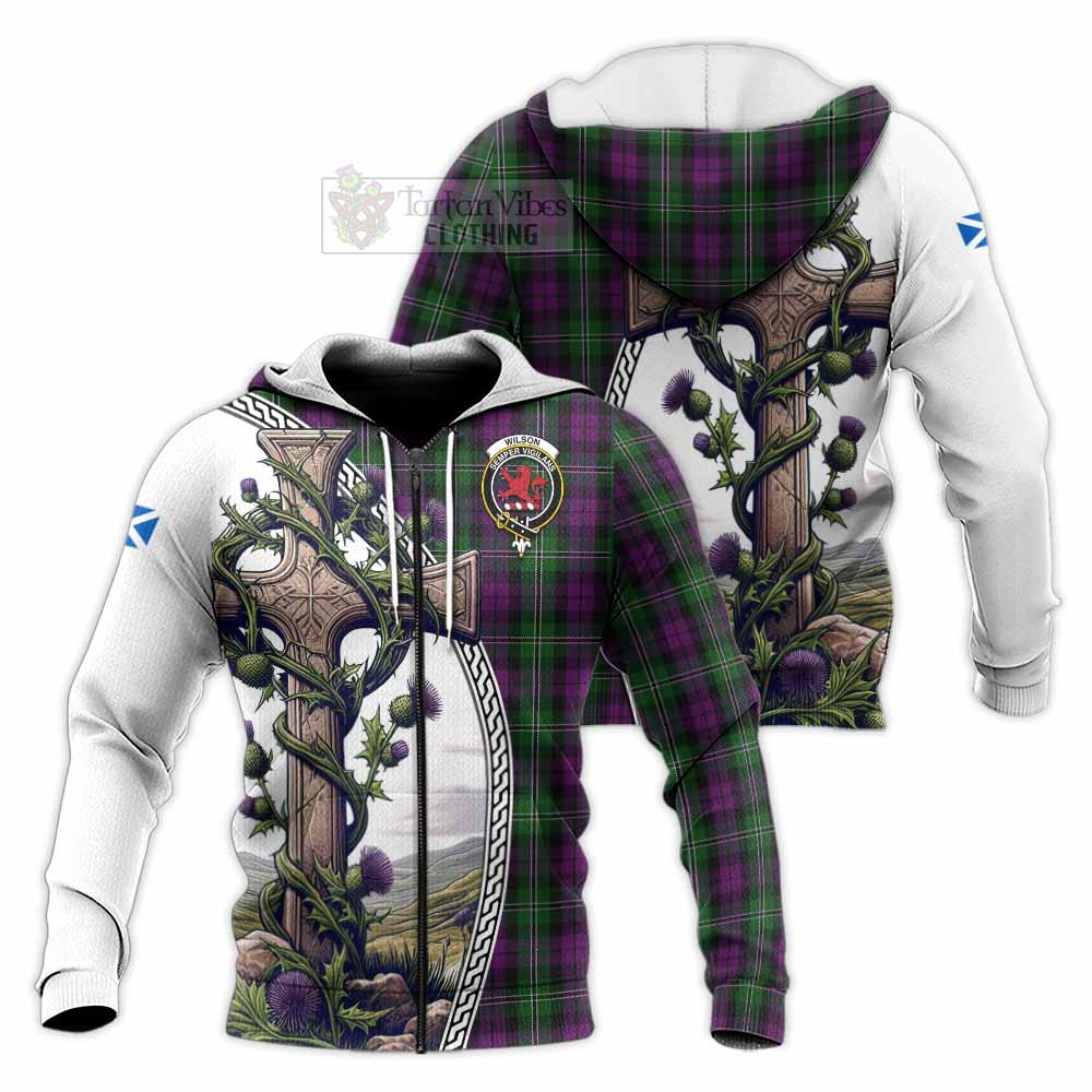 Tartan Vibes Clothing Wilson Tartan Knitted Hoodie with Family Crest and St. Andrew's Cross Accented by Thistle Vines
