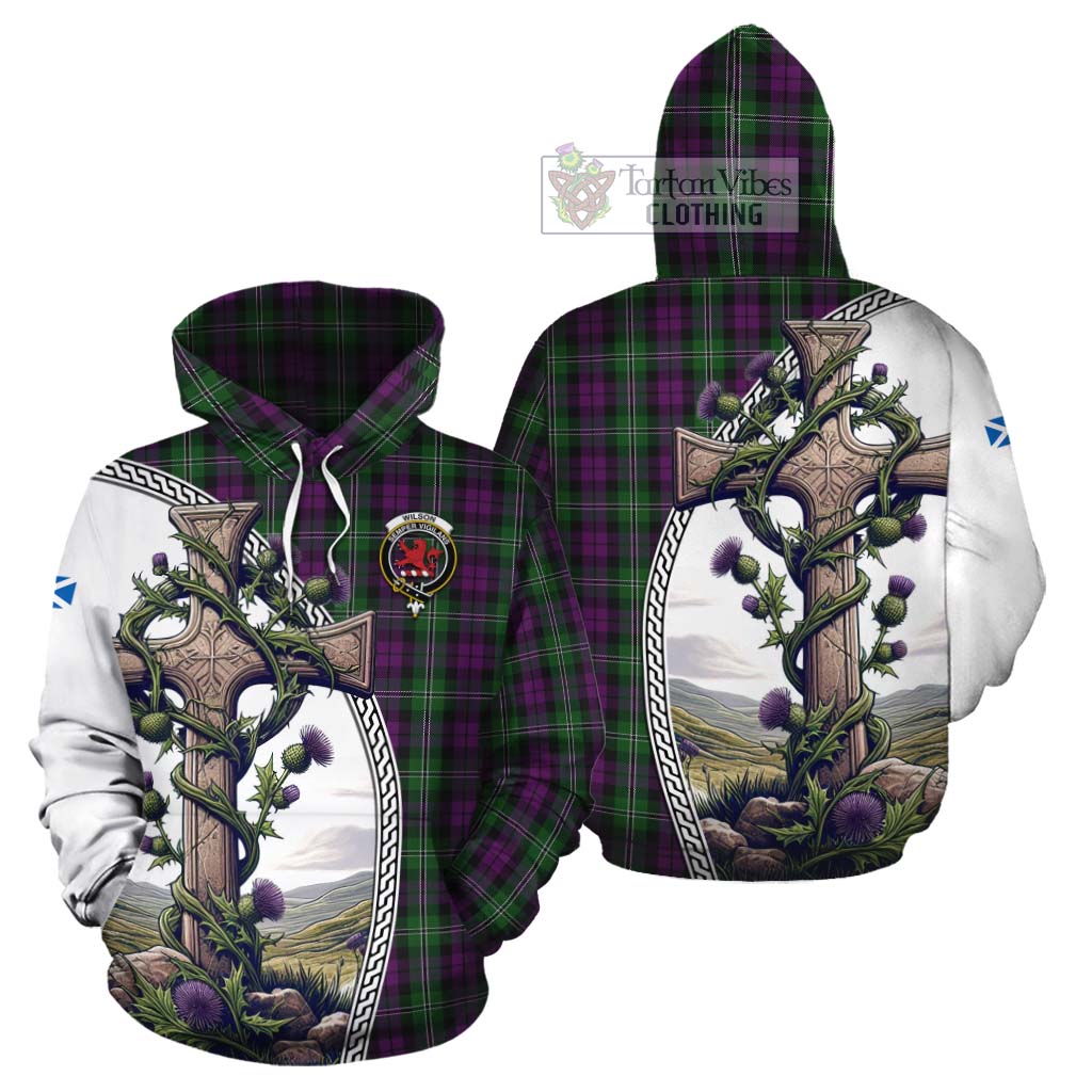 Tartan Vibes Clothing Wilson Tartan Cotton Hoodie with Family Crest and St. Andrew's Cross Accented by Thistle Vines