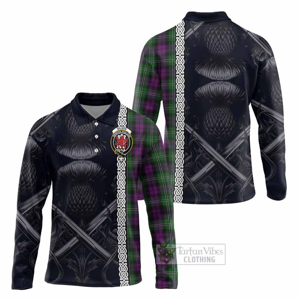 Tartan Vibes Clothing Wilson Tartan Long Sleeve Polo Shirt with Family Crest Cross Sword Thistle Celtic Vibes