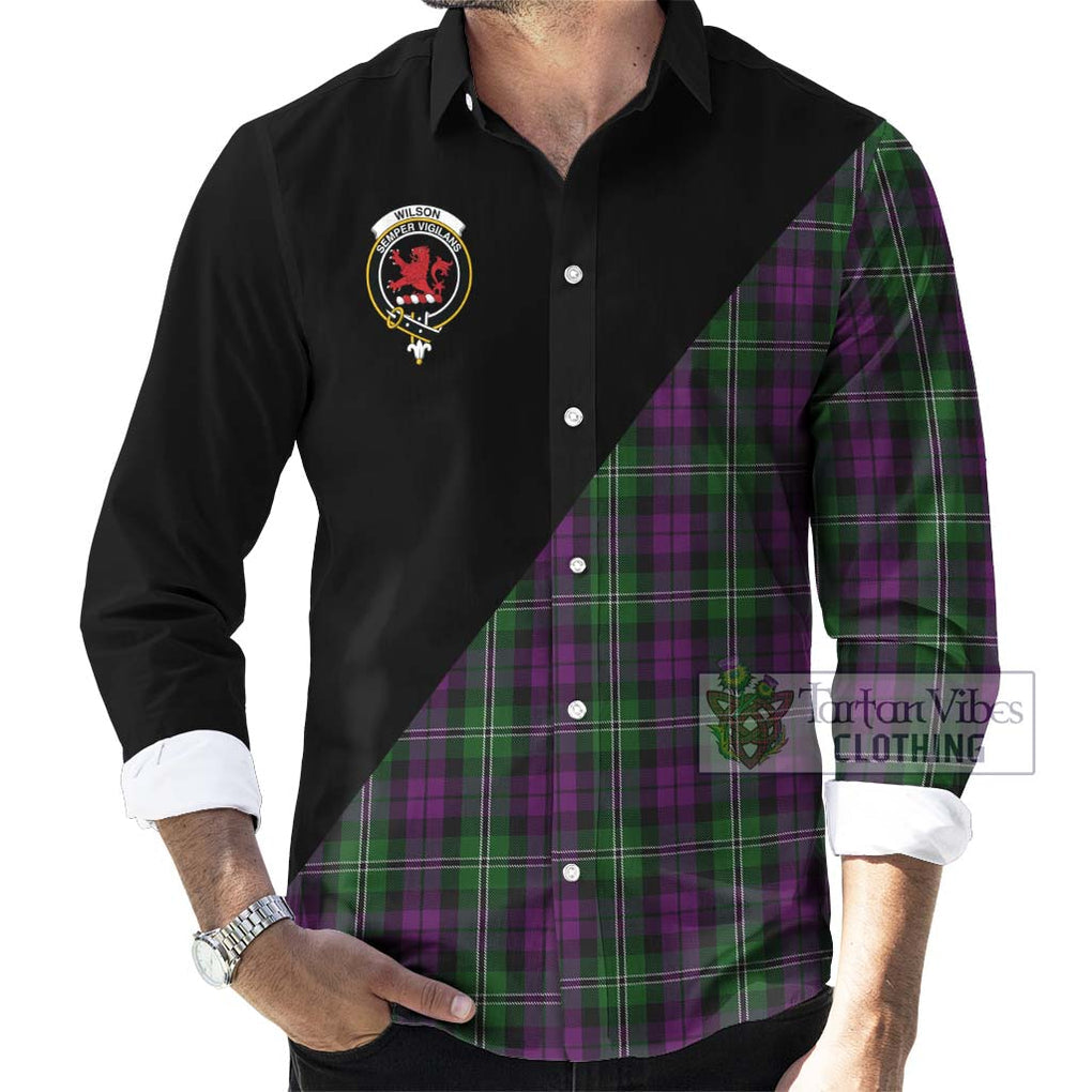 Wilson Tartan Long Sleeve Button Shirt with Family Crest and Military Logo Style - Tartanvibesclothing Shop