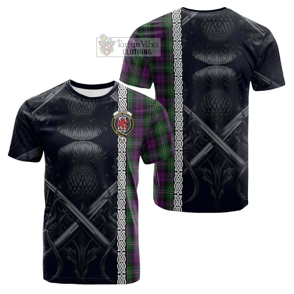 Tartan Vibes Clothing Wilson Tartan Cotton T-shirt with Family Crest Cross Sword Thistle Celtic Vibes