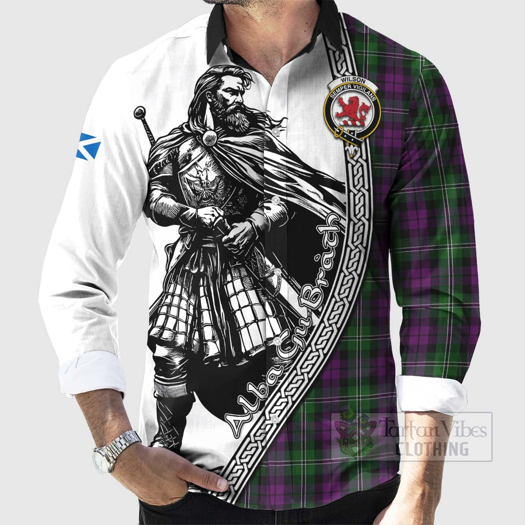 Tartan Vibes Clothing Wilson Tartan Clan Crest Long Sleeve Button Shirt with Highlander Warrior Celtic Style