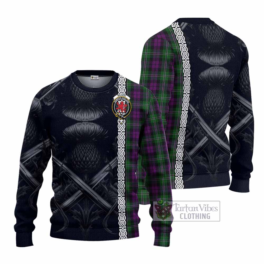 Tartan Vibes Clothing Wilson Tartan Knitted Sweater with Family Crest Cross Sword Thistle Celtic Vibes