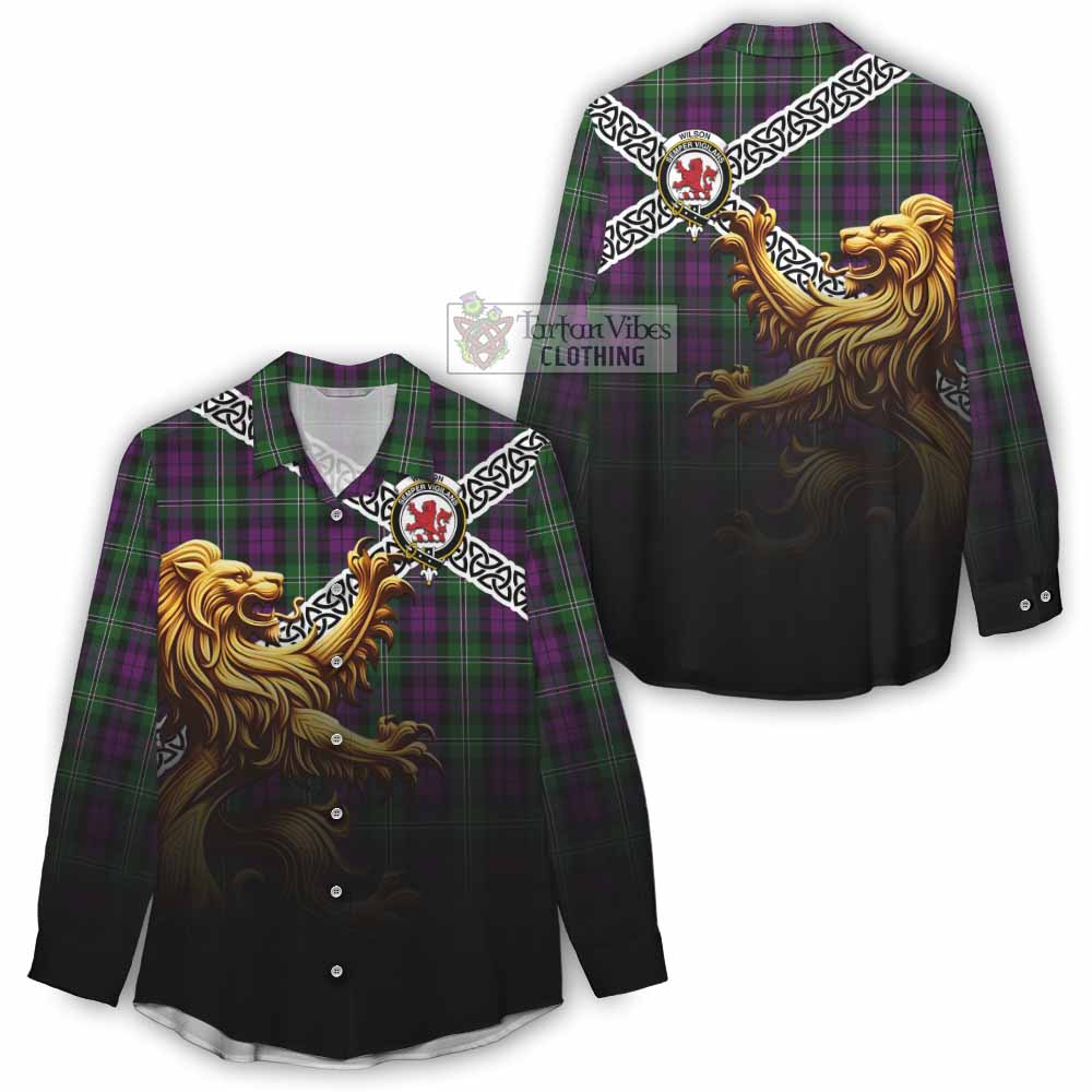 Tartan Vibes Clothing Wilson Crest Tartan Women's Casual Shirt with Golden Lion Emblem Celtic Style