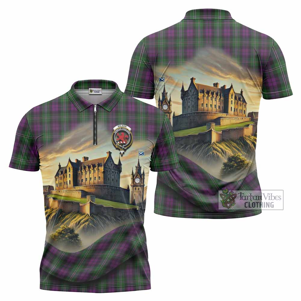 Tartan Vibes Clothing Wilson Tartan Family Crest Zipper Polo Shirt with Scottish Ancient Castle Stype