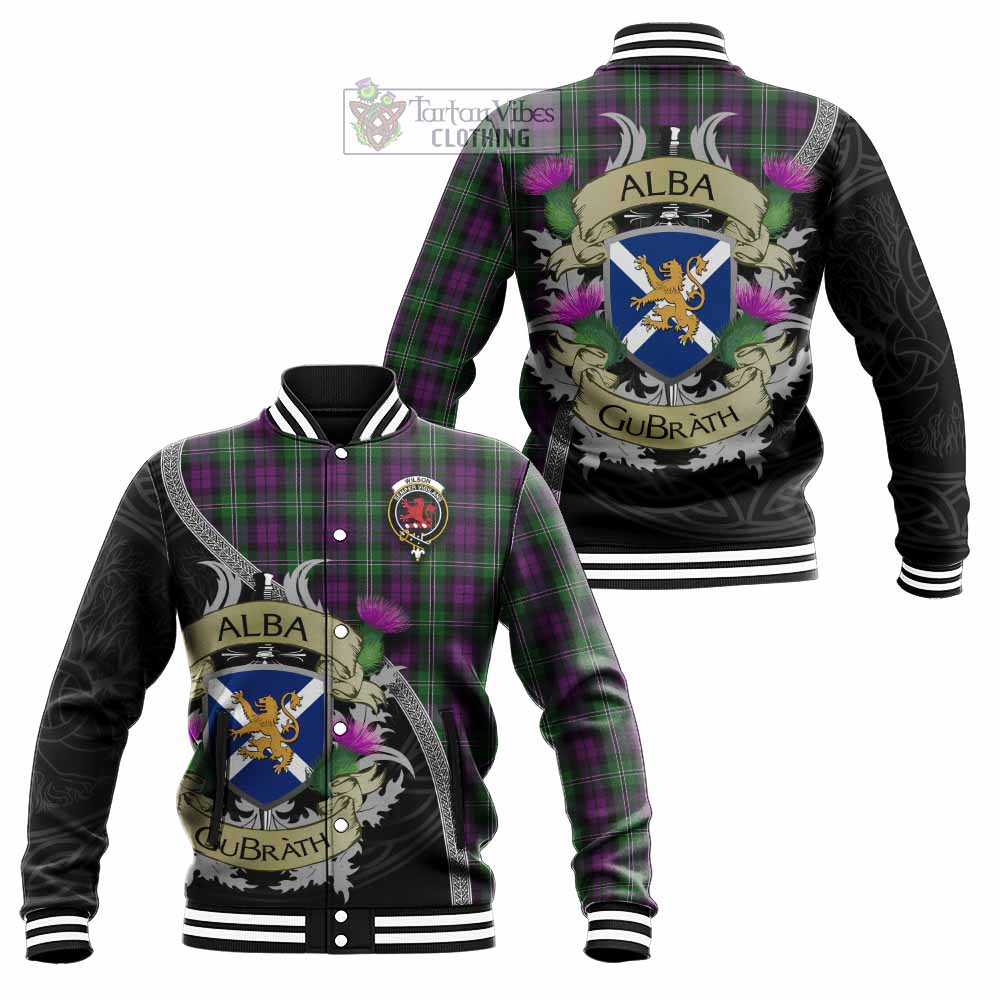 Tartan Vibes Clothing Wilson Tartan Family Crest Baseball Jacket Lion Rampant Royal Thistle Shield Celtic Inspired