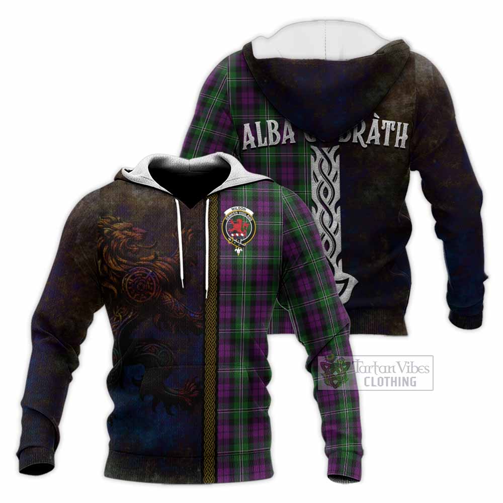Tartan Vibes Clothing Wilson Tartan Family Crest Knitted Hoodie Alba Gu Brath Be Brave Lion Ancient Style
