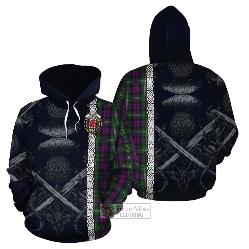 Tartan Vibes Clothing Wilson Tartan Cotton Hoodie with Family Crest Cross Sword Thistle Celtic Vibes