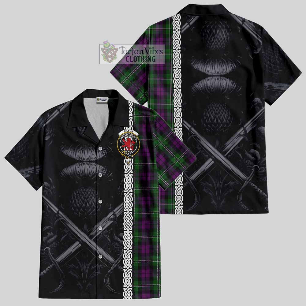 Tartan Vibes Clothing Wilson Tartan Short Sleeve Button Shirt with Family Crest Cross Sword Thistle Celtic Vibes