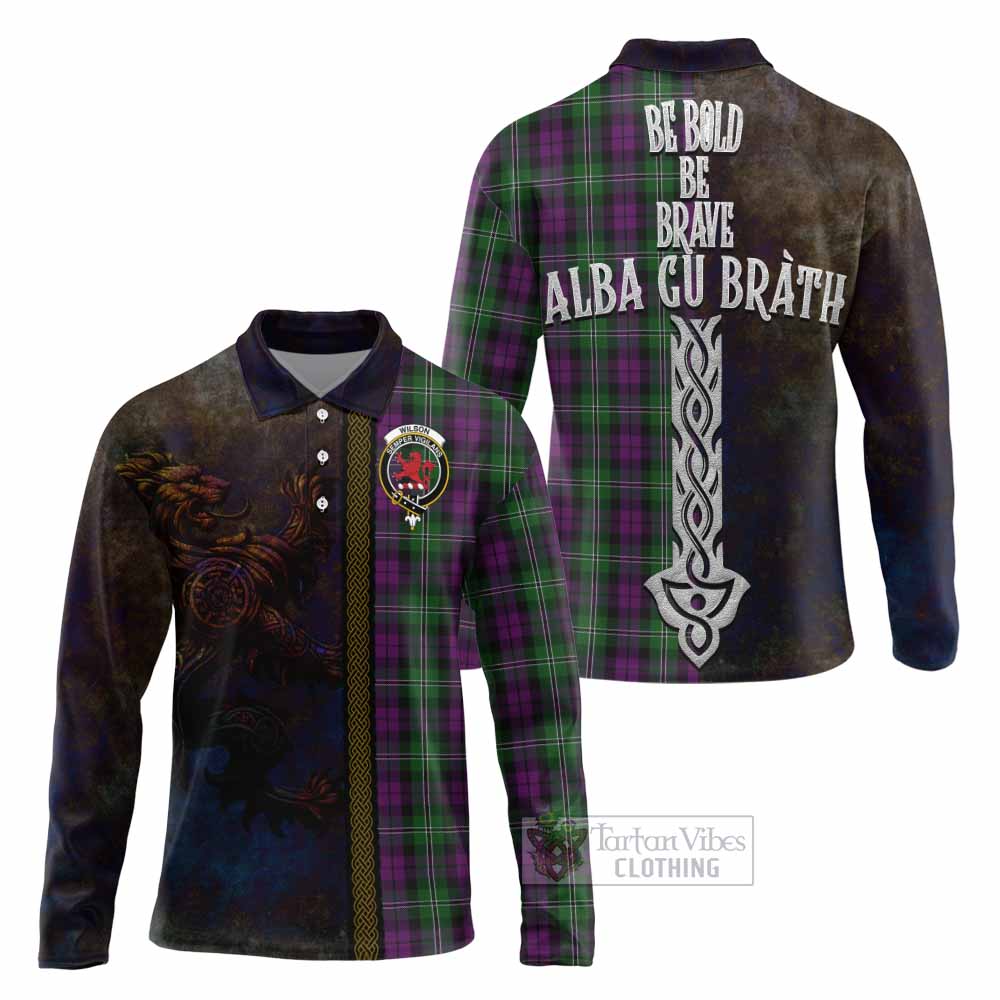 Tartan Vibes Clothing Wilson Tartan Family Crest Long Sleeve Polo Shirt Alba Gu Brath Be Brave Lion Ancient Style