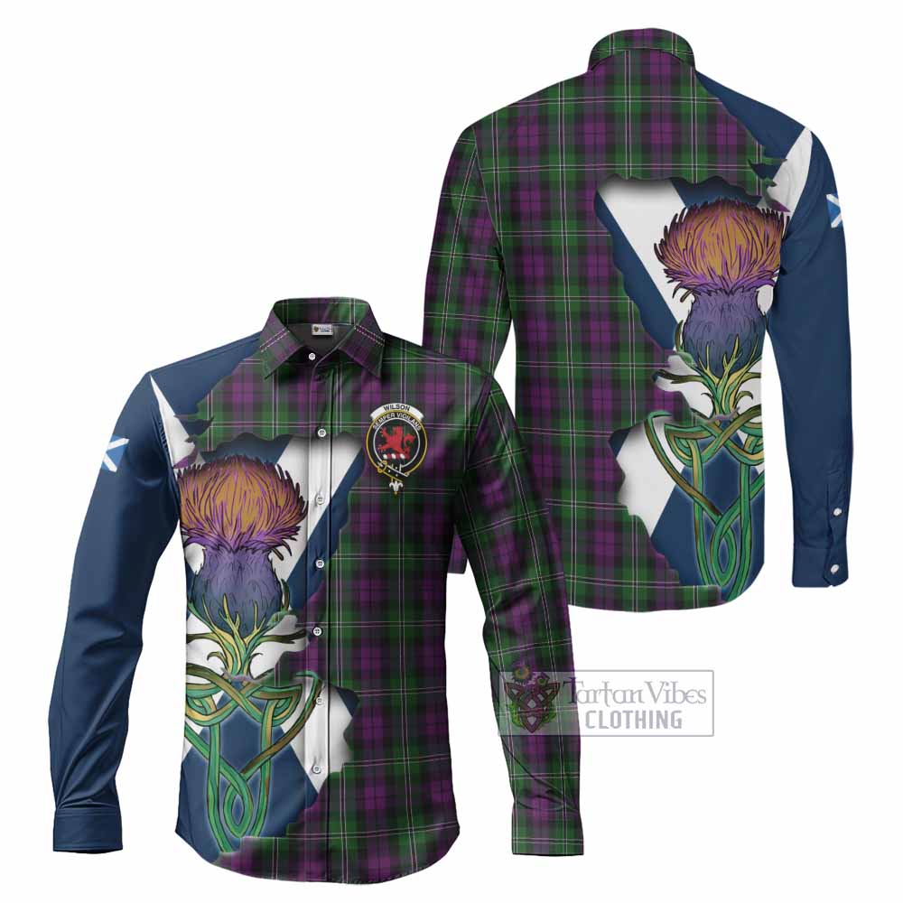 Tartan Vibes Clothing Wilson Tartan Family Crest Long Sleeve Button Shirt Scottish Thistle Celtic Inspired