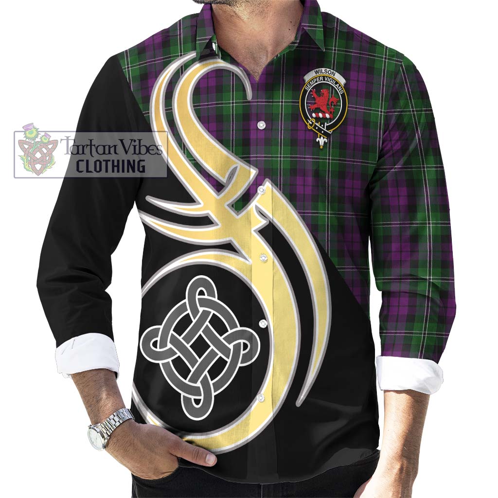 Wilson Tartan Long Sleeve Button Shirt with Family Crest and Celtic Symbol Style - Tartan Vibes Clothing