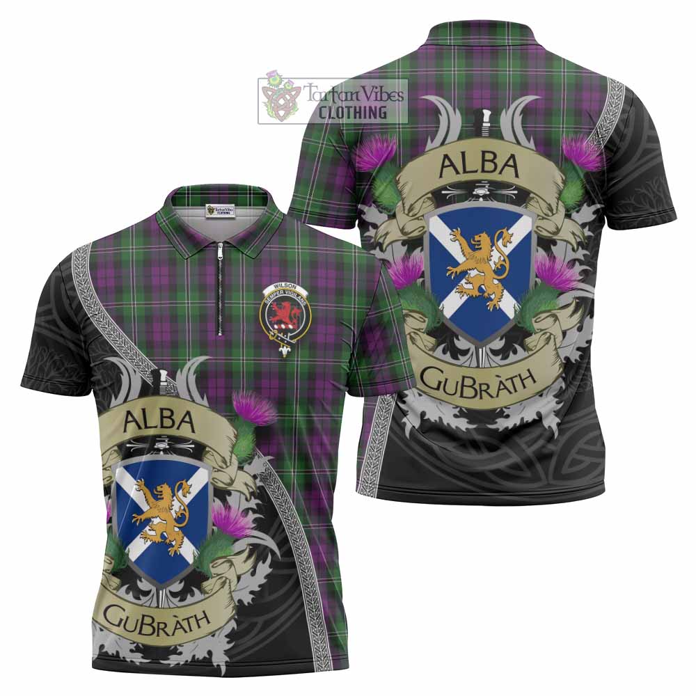 Tartan Vibes Clothing Wilson Tartan Family Crest Zipper Polo Shirt Lion Rampant Royal Thistle Shield Celtic Inspired
