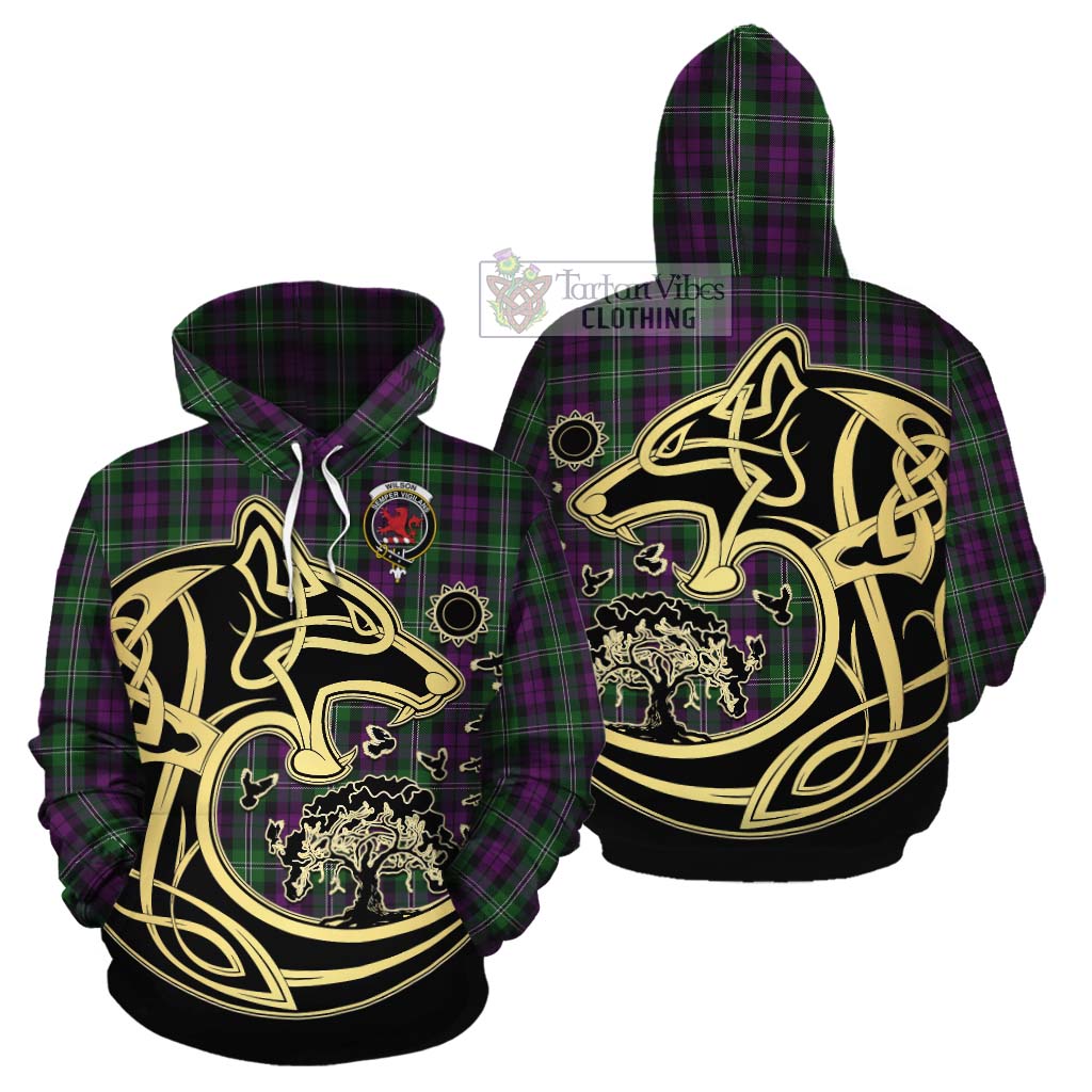 Tartan Vibes Clothing Wilson Tartan Cotton Hoodie with Family Crest Celtic Wolf Style