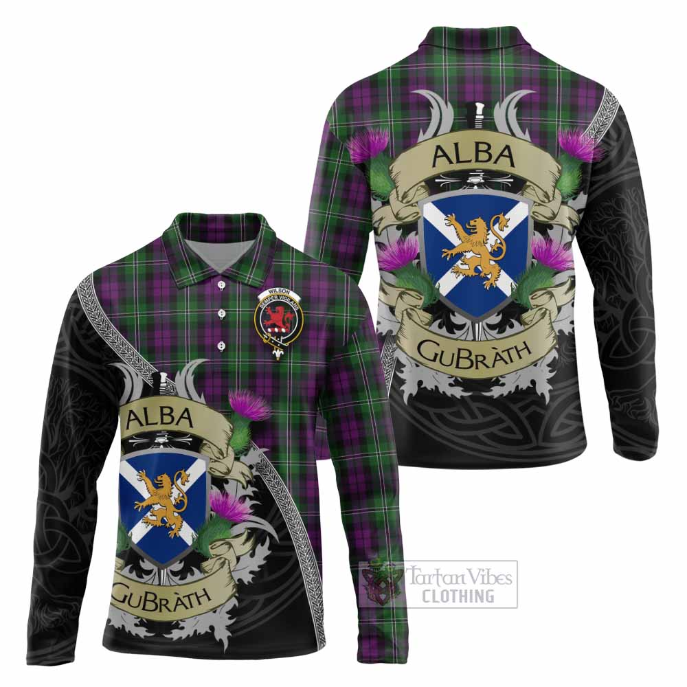 Tartan Vibes Clothing Wilson Tartan Family Crest Long Sleeve Polo Shirt Lion Rampant Royal Thistle Shield Celtic Inspired
