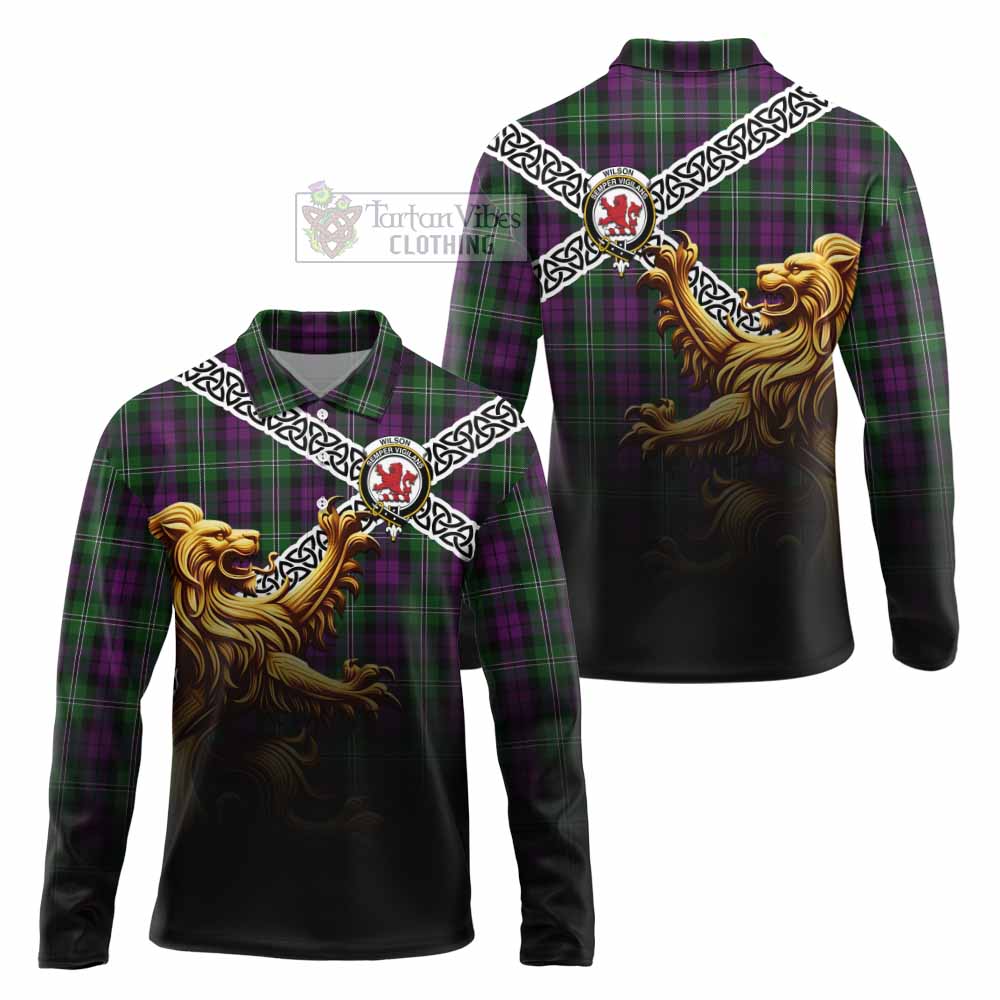 Tartan Vibes Clothing Wilson Crest Tartan Long Sleeve Polo Shirt with Golden Lion Emblem Celtic Style