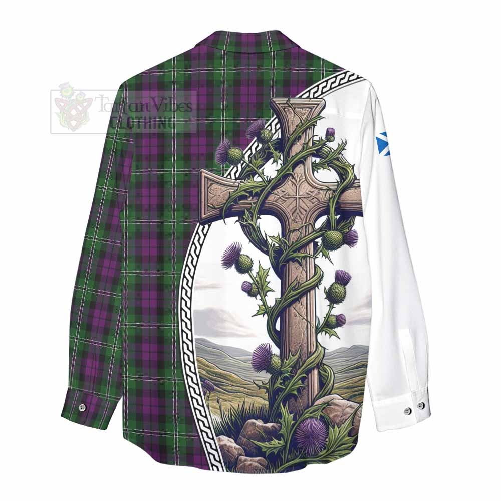 Tartan Vibes Clothing Wilson Tartan Women's Casual Shirt with Family Crest and St. Andrew's Cross Accented by Thistle Vines