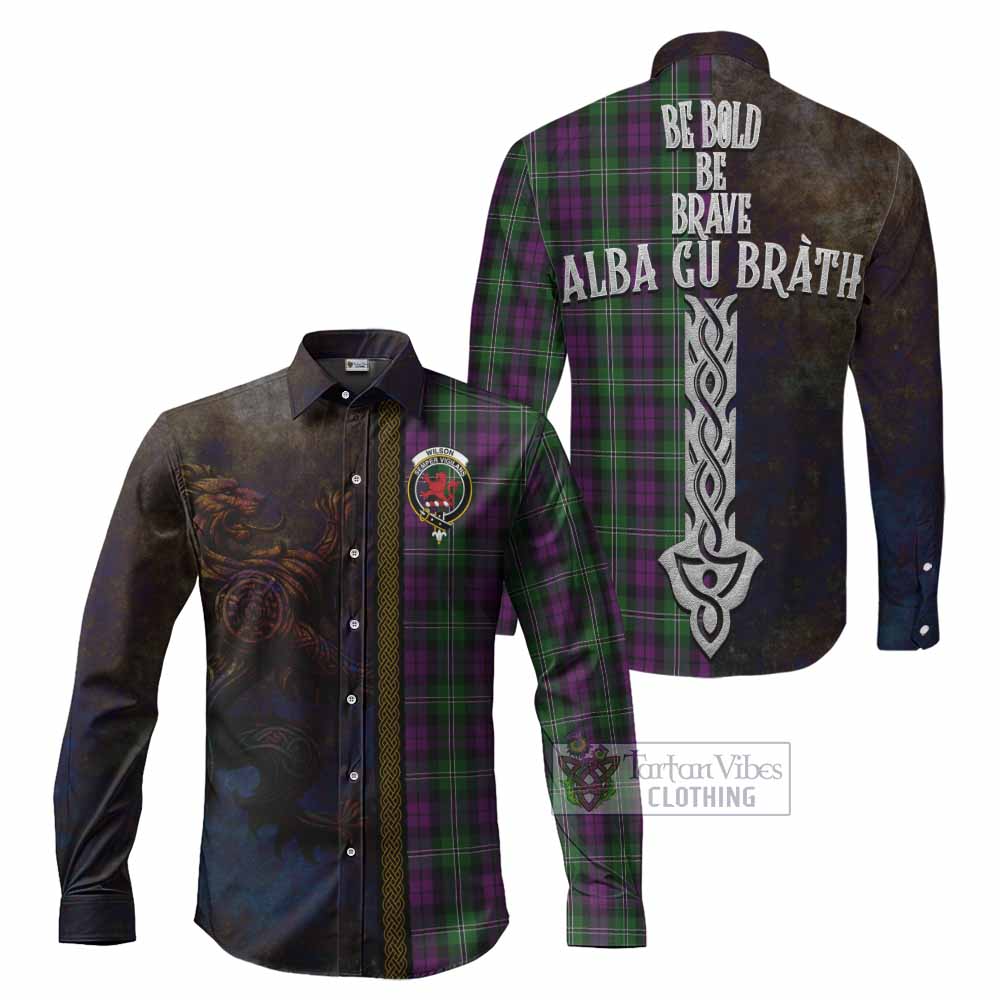 Tartan Vibes Clothing Wilson Tartan Family Crest Long Sleeve Button Shirt Alba Gu Brath Be Brave Lion Ancient Style