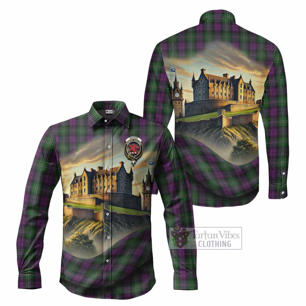 Tartan Vibes Clothing Wilson Tartan Family Crest Long Sleeve Button Shirt with Scottish Ancient Castle Style