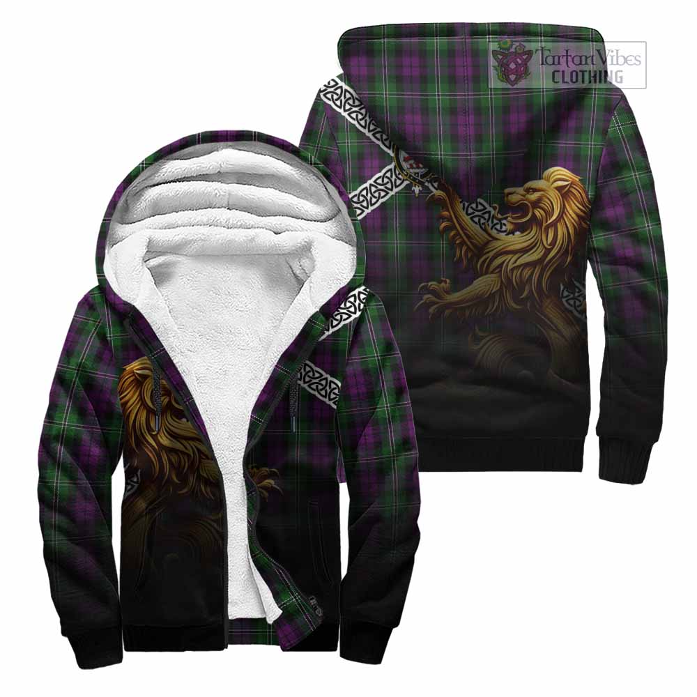 Tartan Vibes Clothing Wilson Crest Tartan Sherpa Hoodie with Golden Lion Emblem Celtic Style
