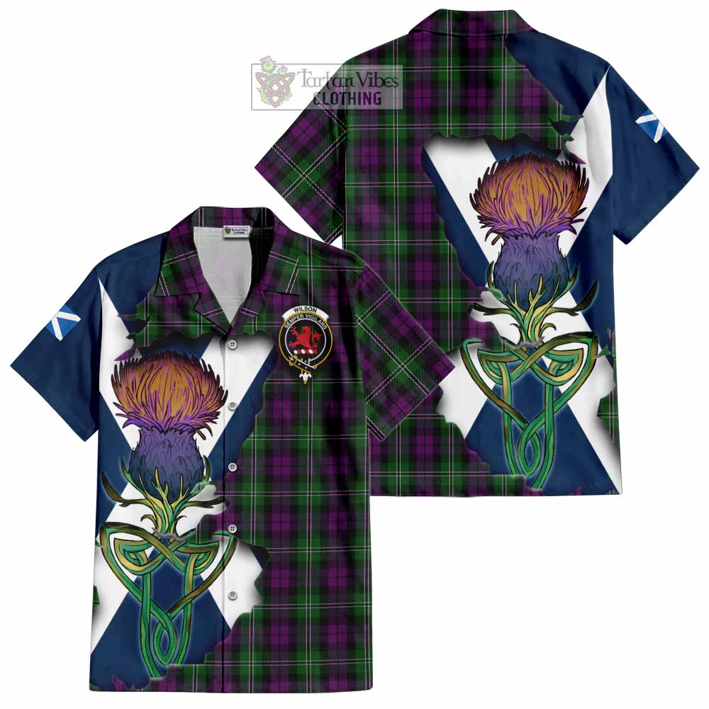 Tartan Vibes Clothing Wilson Tartan Family Crest Short Sleeve Button Shirt Scottish Thistle Celtic Inspired