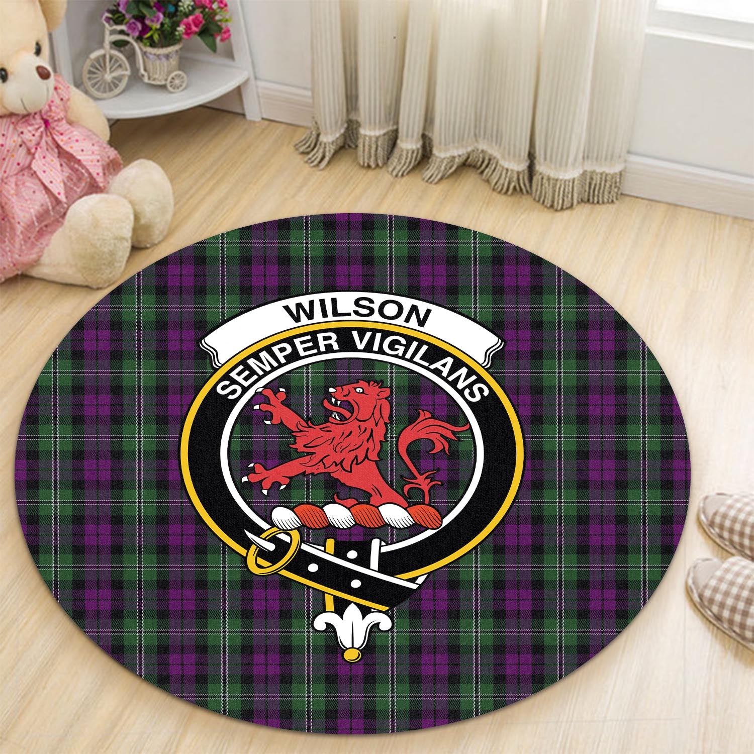 wilson-tartan-round-rug-with-family-crest