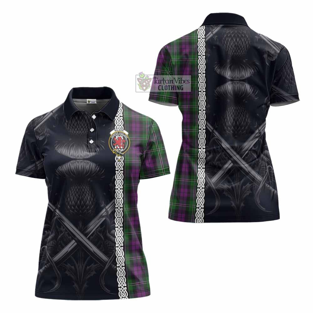 Tartan Vibes Clothing Wilson Tartan Women's Polo Shirt with Family Crest Cross Sword Thistle Celtic Vibes