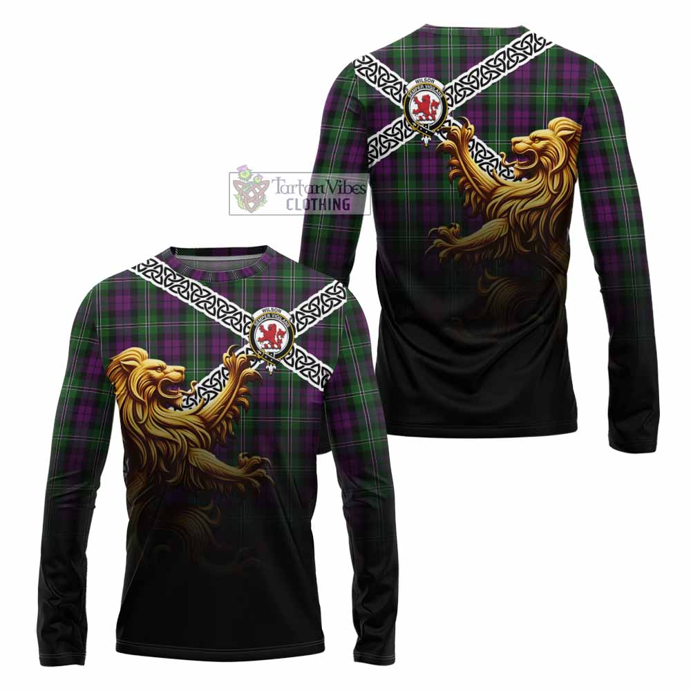 Tartan Vibes Clothing Wilson Crest Tartan Long Sleeve T-Shirt with Golden Lion Emblem Celtic Style