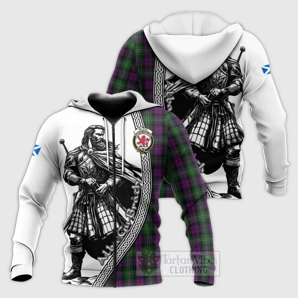 Tartan Vibes Clothing Wilson Tartan Clan Crest Knitted Hoodie with Highlander Warrior Celtic Style