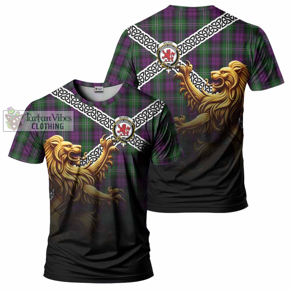 Tartan Vibes Clothing Wilson Crest Tartan T-Shirt with Golden Lion Emblem Celtic Style