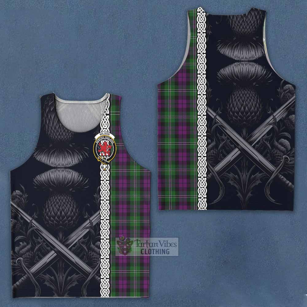 Tartan Vibes Clothing Wilson Tartan Men's Tank Top with Family Crest Cross Sword Thistle Celtic Vibes