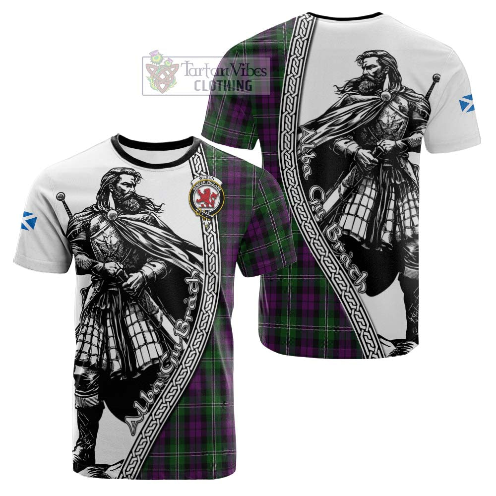 Wilson Tartan Clan Crest Cotton T-shirt with Highlander Warrior Celtic Style
