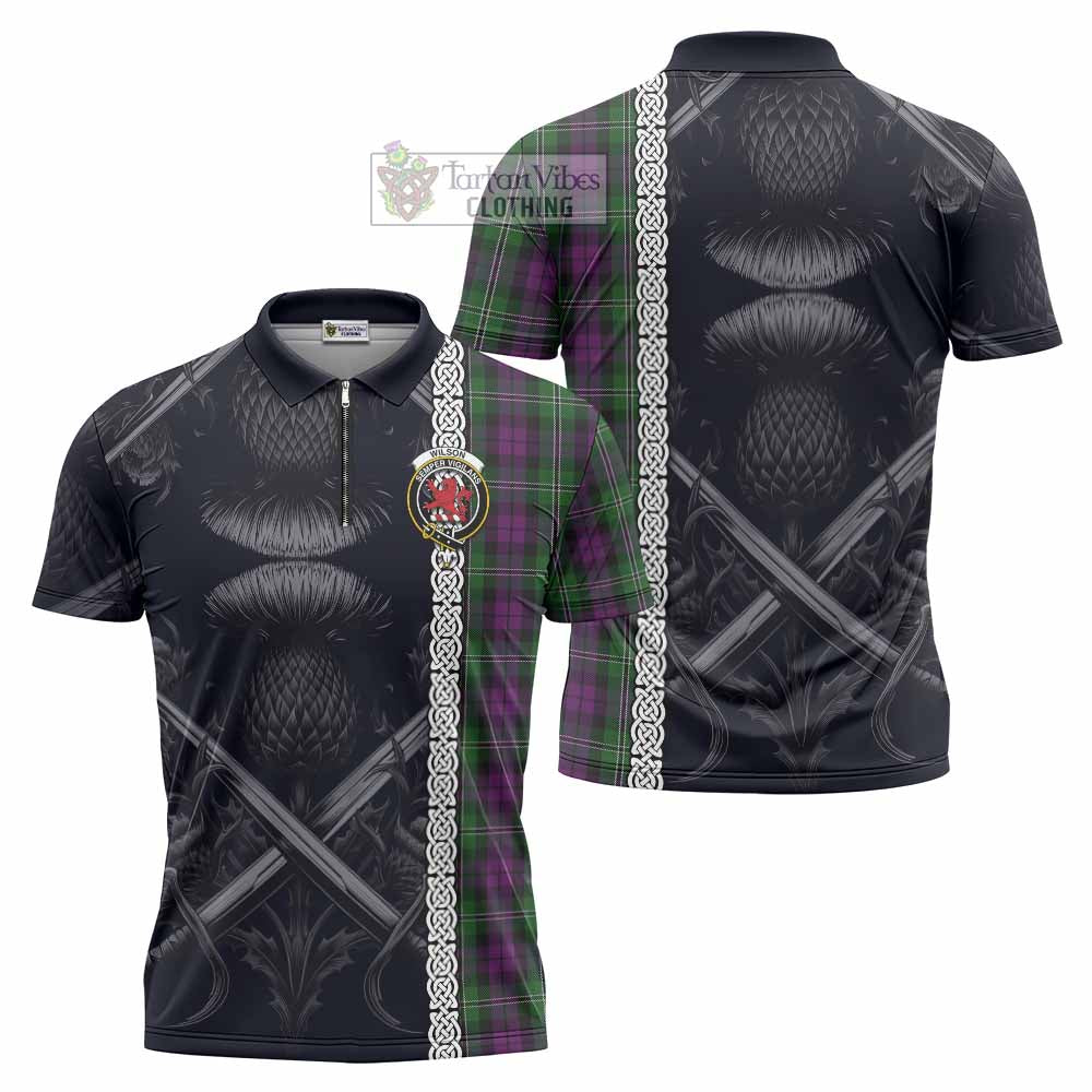 Tartan Vibes Clothing Wilson Tartan Zipper Polo Shirt with Family Crest Cross Sword Thistle Celtic Vibes