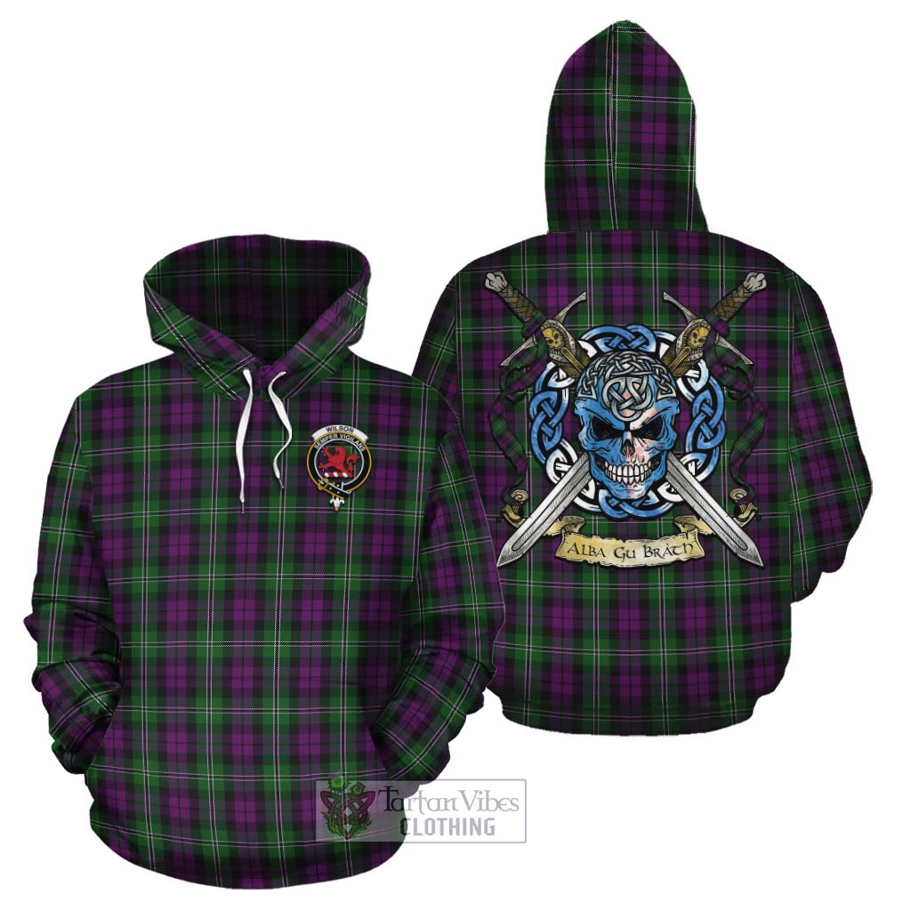 Tartan Vibes Clothing Wilson Tartan Cotton Hoodie with Family Crest Celtic Skull Style