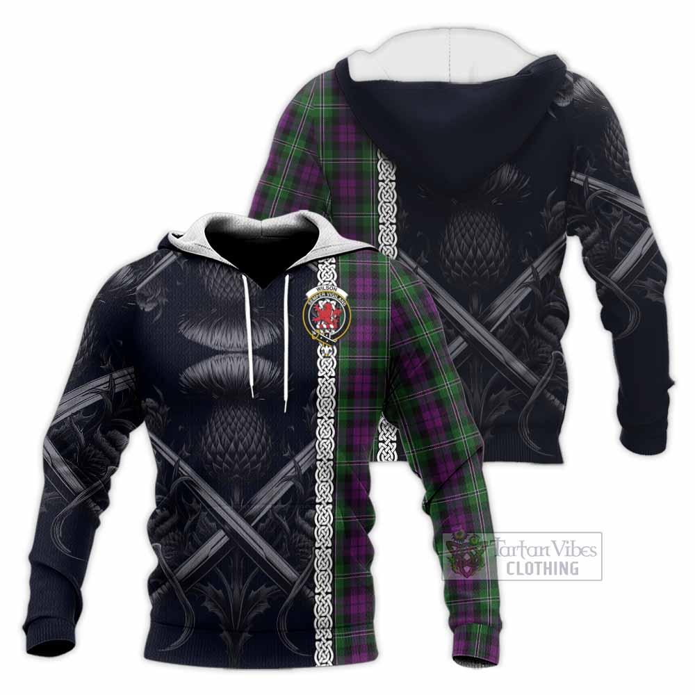 Tartan Vibes Clothing Wilson Tartan Knitted Hoodie with Family Crest Cross Sword Thistle Celtic Vibes