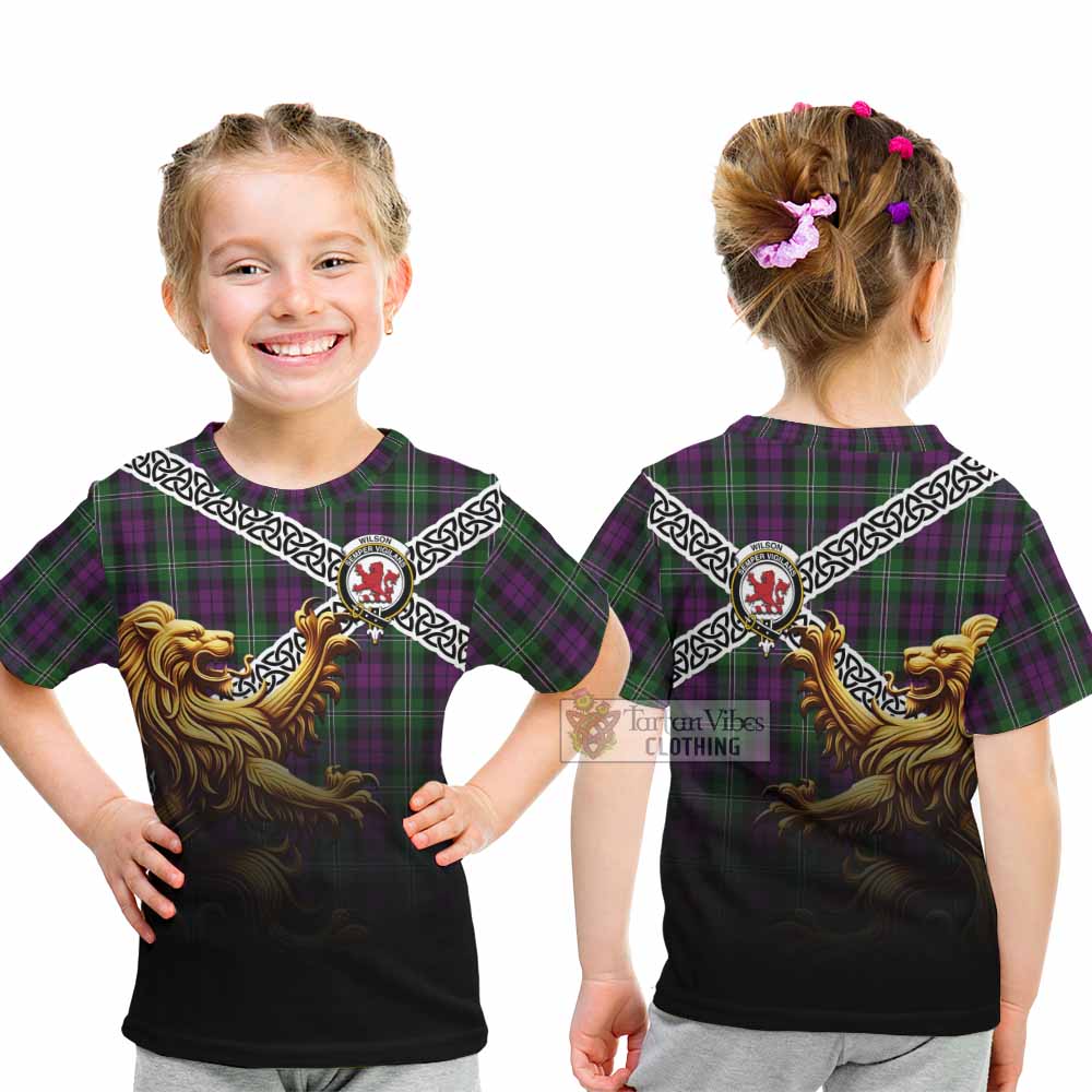 Tartan Vibes Clothing Wilson Crest Tartan Kid T-Shirt with Golden Lion Emblem Celtic Style