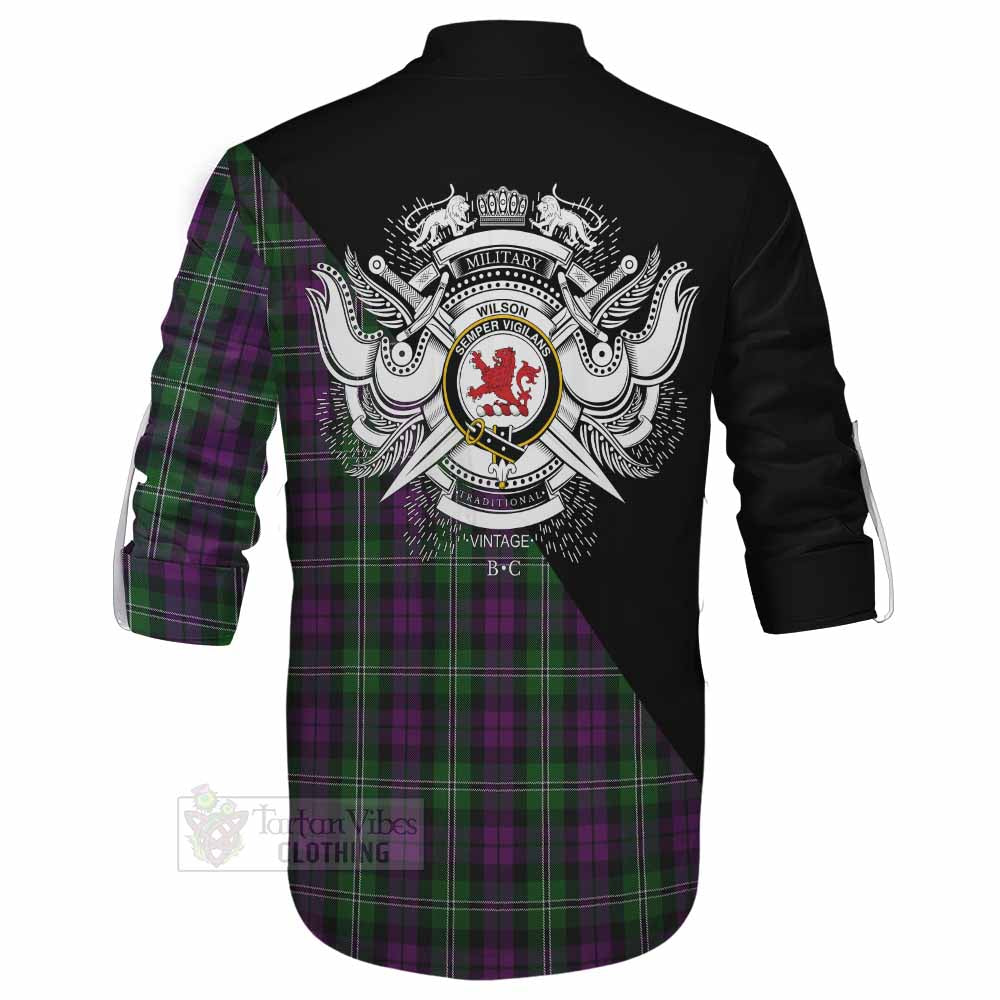Tartan Vibes Clothing Wilson Tartan Ghillie Kilt Shirt with Family Crest and Military Logo Style