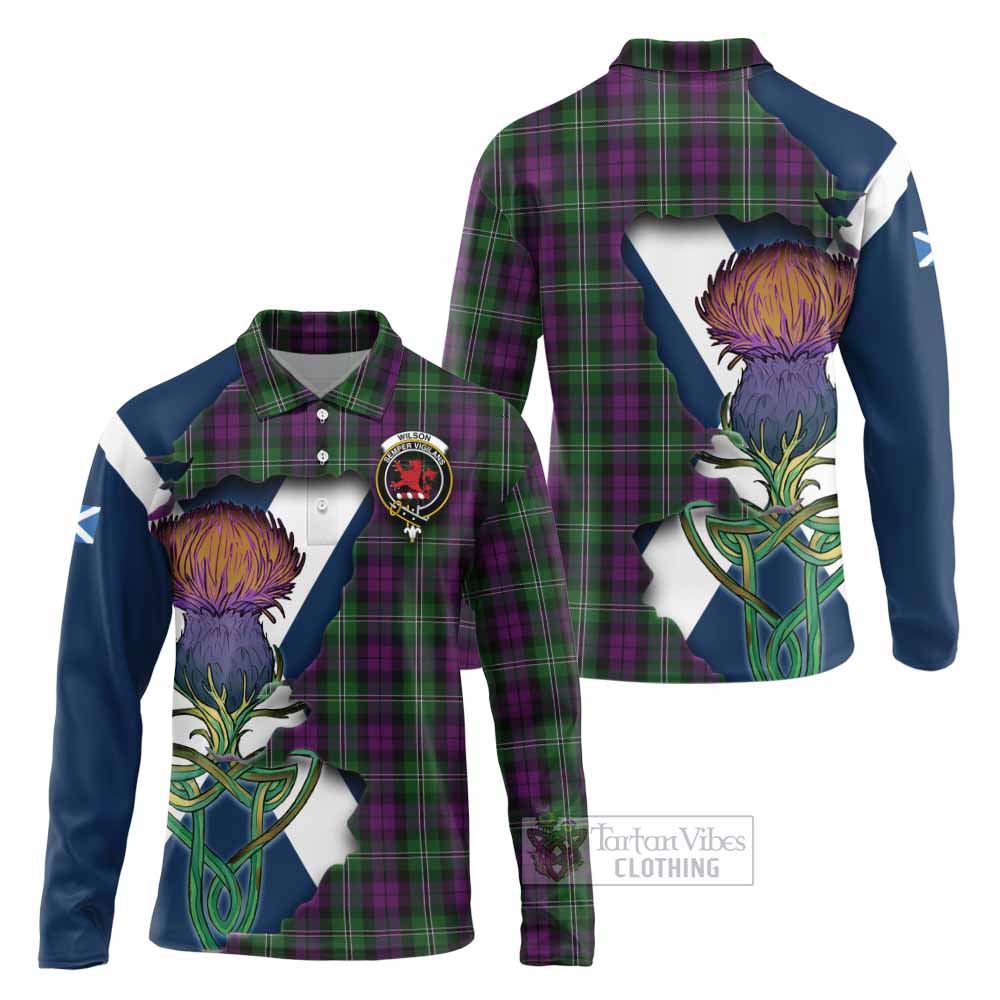 Tartan Vibes Clothing Wilson Tartan Family Crest Long Sleeve Polo Shirt Scottish Thistle Celtic Inspired