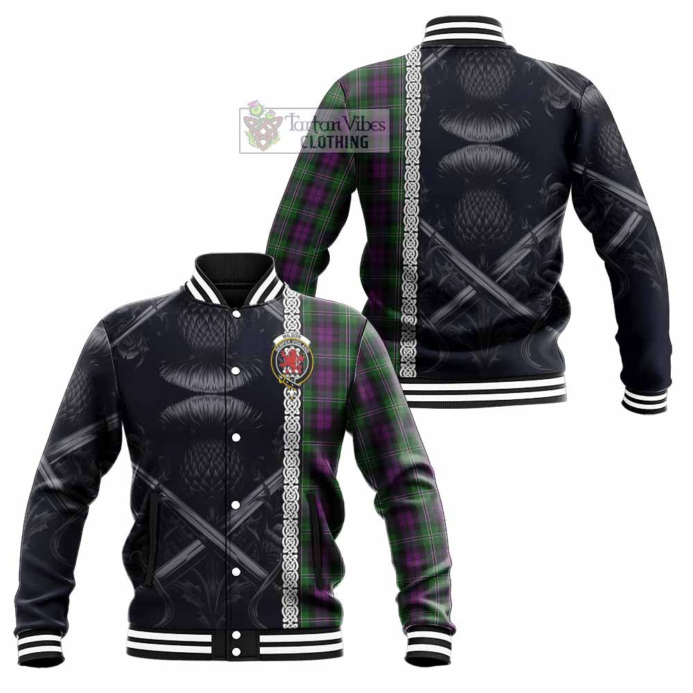 Tartan Vibes Clothing Wilson Tartan Baseball Jacket with Family Crest Cross Sword Thistle Celtic Vibes