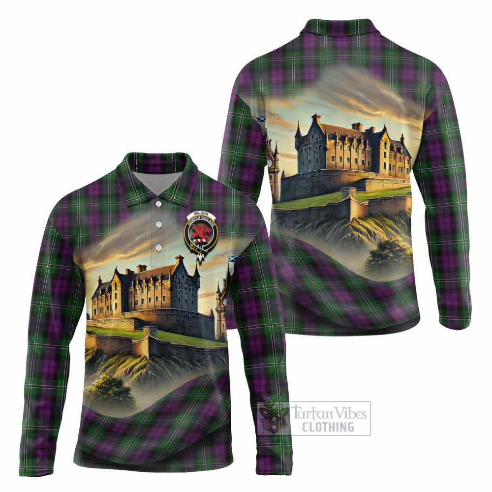 Tartan Vibes Clothing Wilson Tartan Family Crest Long Sleeve Polo Shirt with Scottish Ancient Castle Style