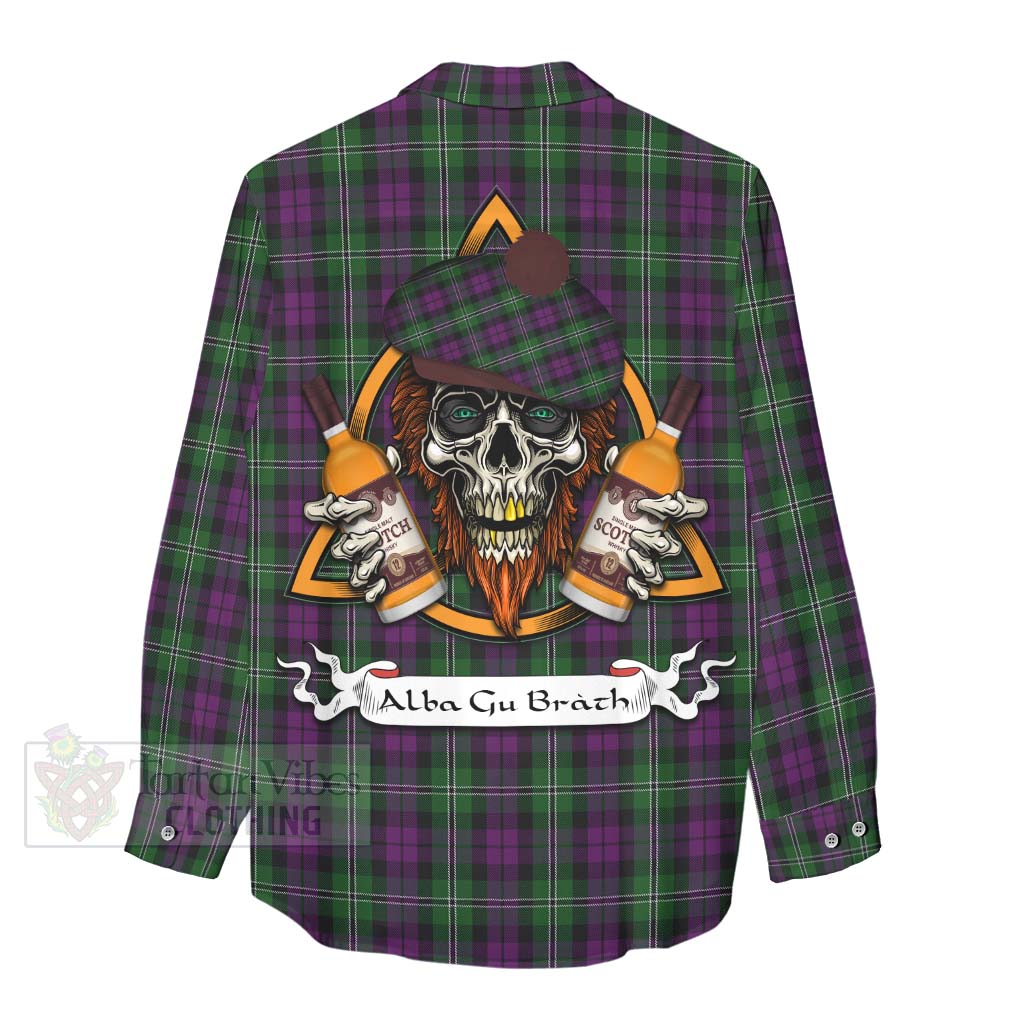 Tartan Vibes Clothing Wilson Tartan Women's Casual Shirt with Family Crest and Bearded Skull Holding Bottles of Whiskey
