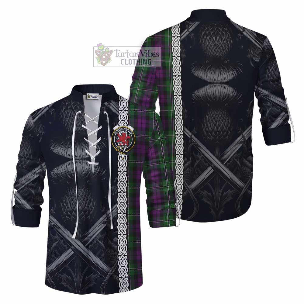 Tartan Vibes Clothing Wilson Tartan Ghillie Kilt Shirt with Family Crest Cross Sword Thistle Celtic Vibes