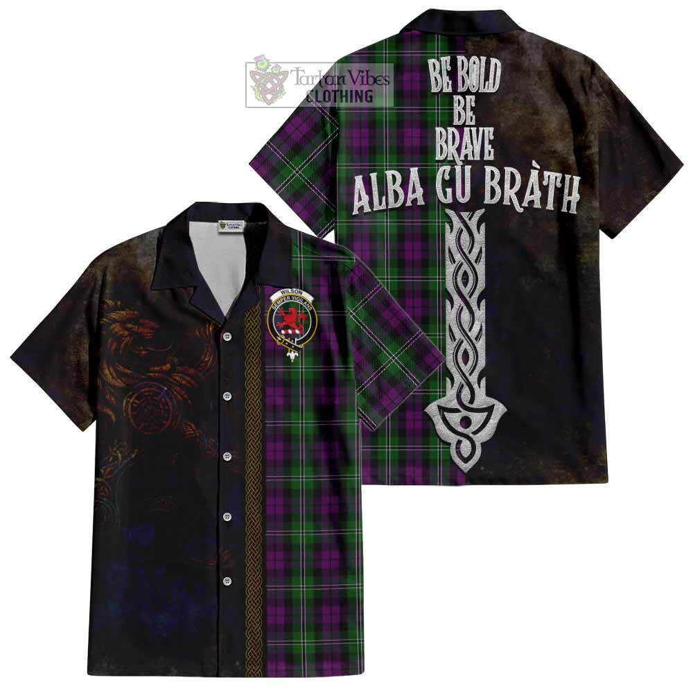 Tartan Vibes Clothing Wilson Tartan Family Crest Short Sleeve Button Shirt Alba Gu Brath Be Brave Lion Ancient Style