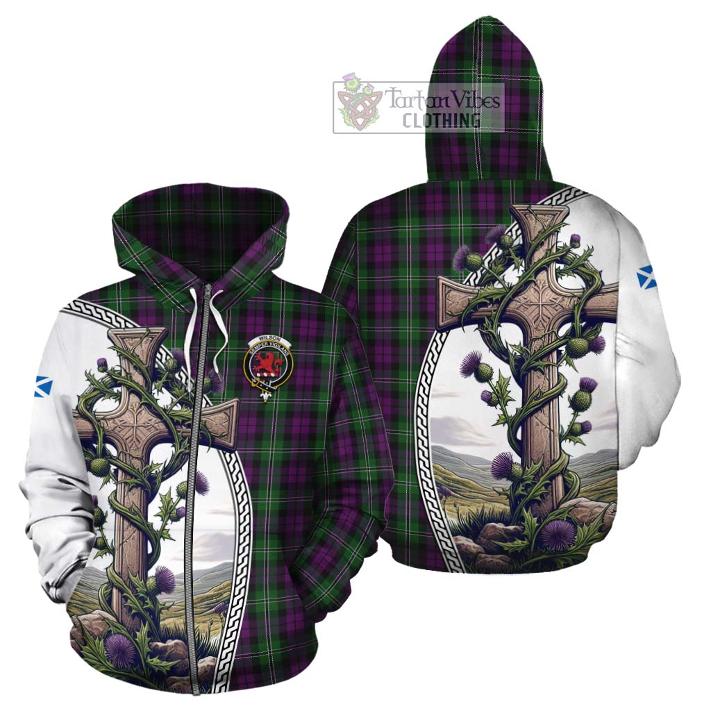 Tartan Vibes Clothing Wilson Tartan Cotton Hoodie with Family Crest and St. Andrew's Cross Accented by Thistle Vines